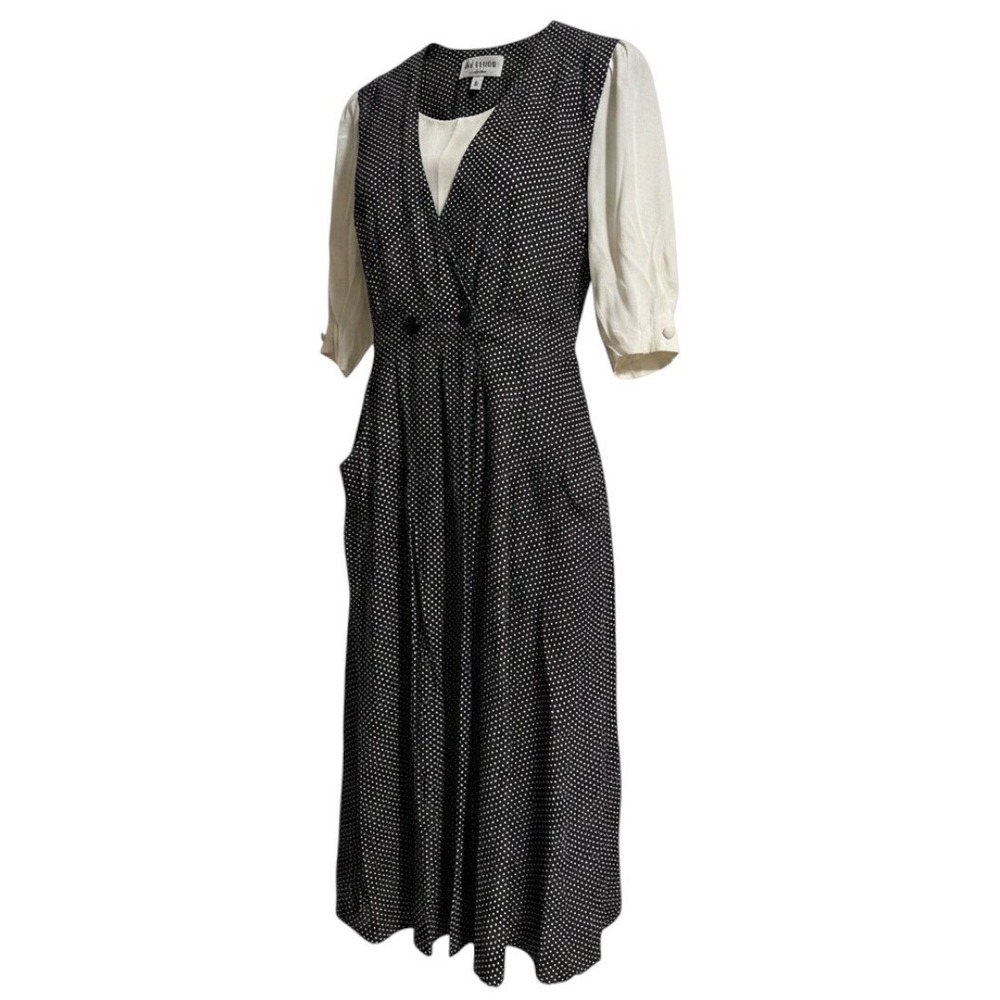 RJ Stevens Petites Vintage Black White Geometric Midi Dress Pockets Size 8